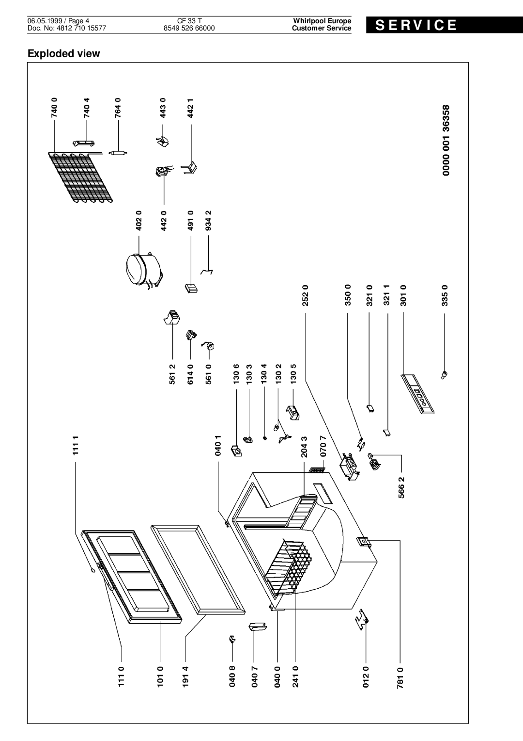 Whirlpool CF 33 T service manual Exploded view, S E R V I C E, Whirlpool Europe, Customer Service 