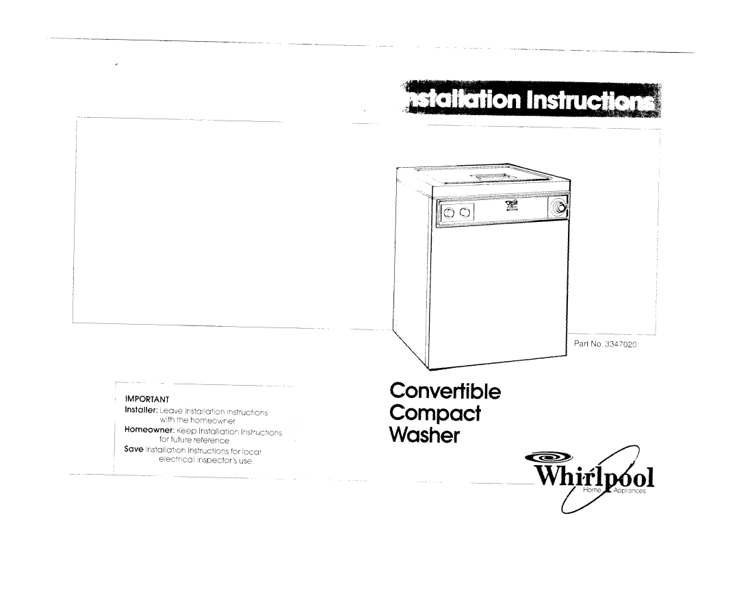 Whirlpool 334702G manual Convertible Compact Washer, For fhJre feferenCe 