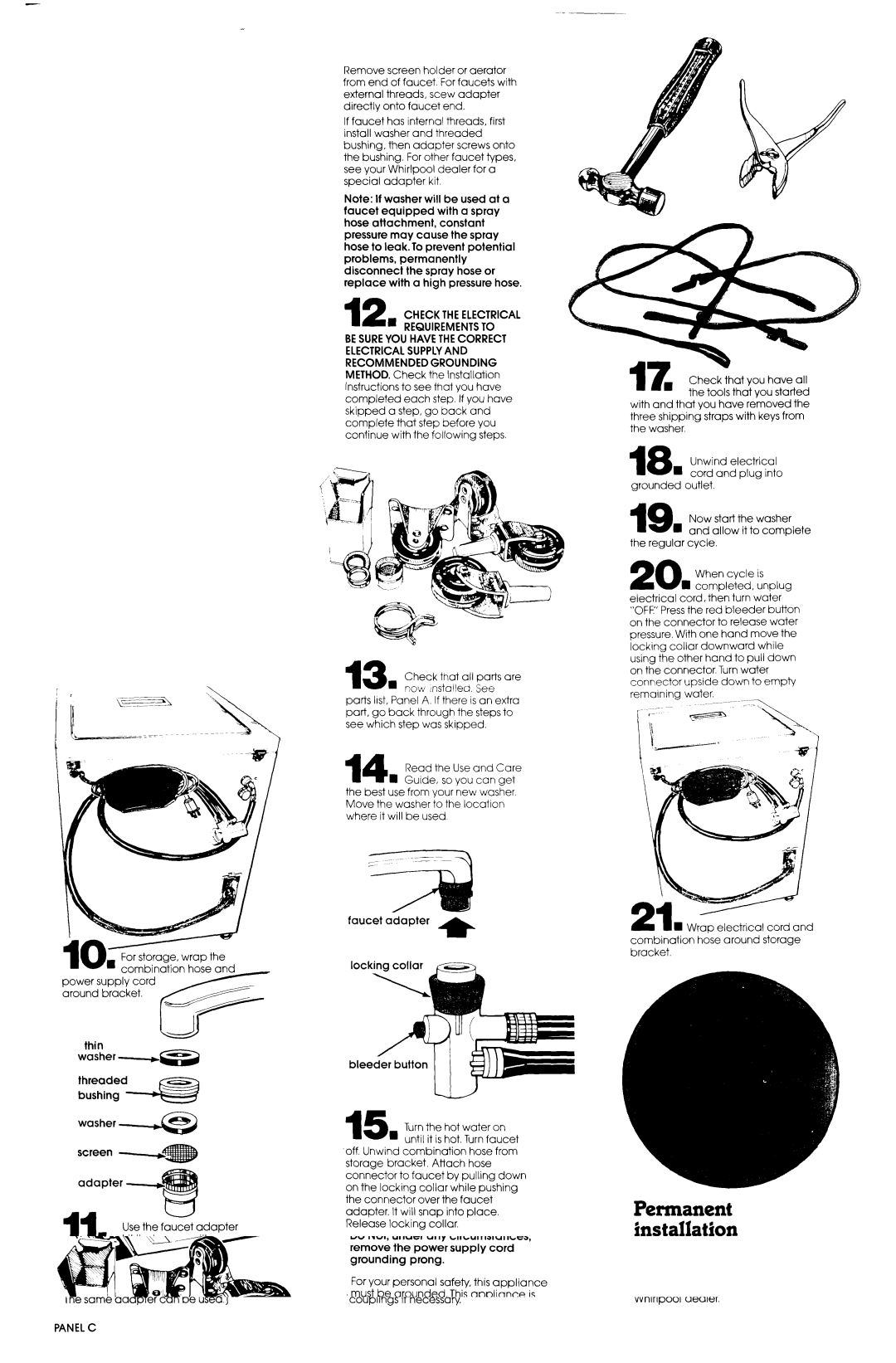 Whirlpool 334702G manual Permanent installation, Check that all parts are g now nstalled. See 