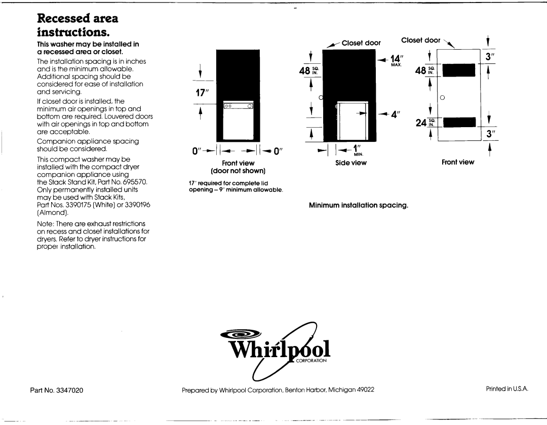 Whirlpool 334702G manual Recessed area instructions, Closet door, Door 