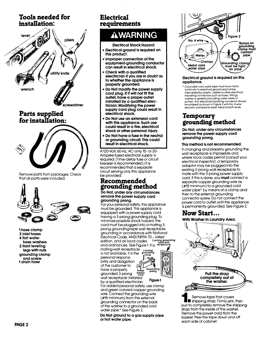 Whirlpool 3354199 TooIs needed for instaIIation, Now Start, Recommended grounding method, Temporary grounding method 