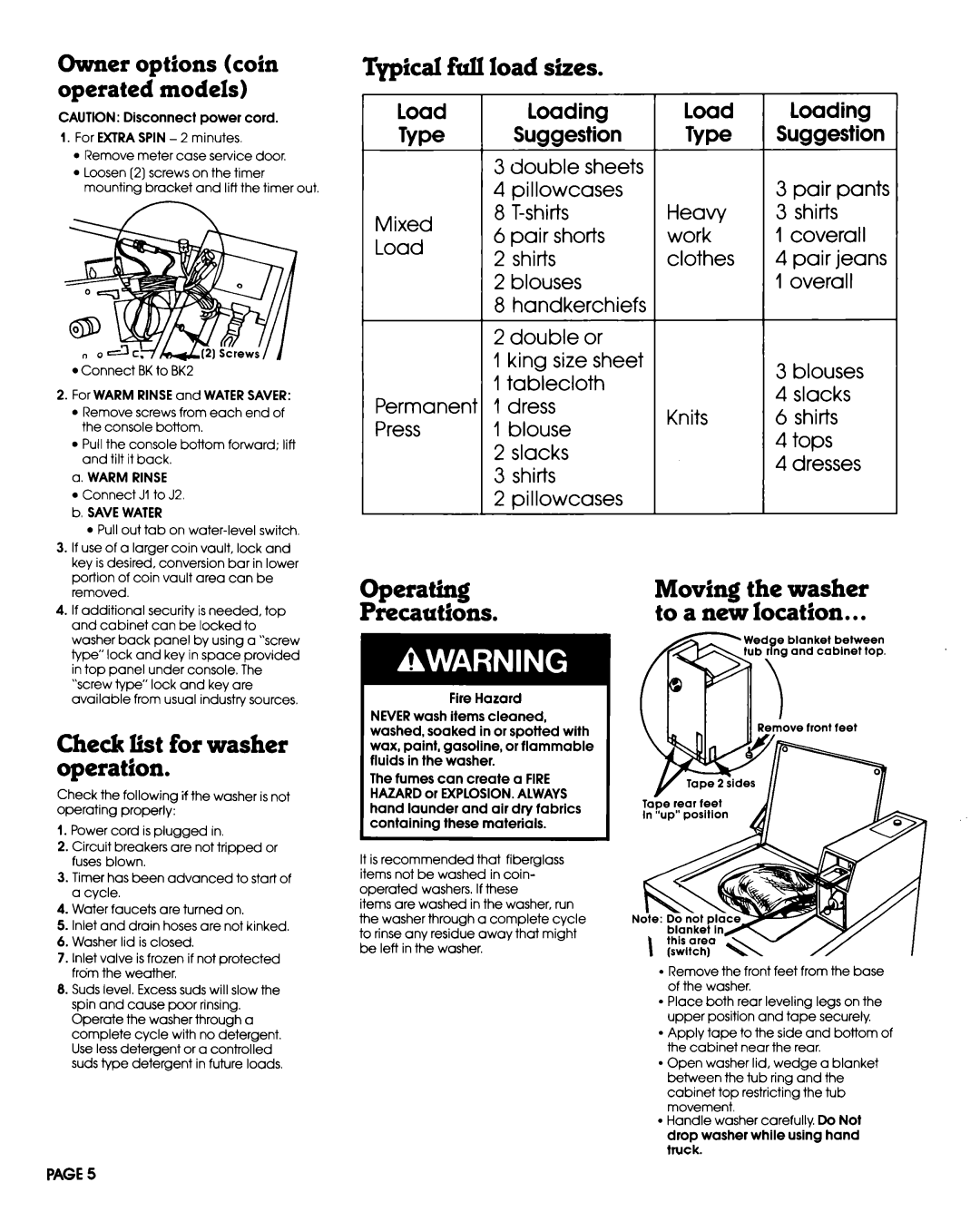 Whirlpool 3354199 Check list for washer operation, Moving the washer, FZZEi2Zns, Owner options coin operated models 