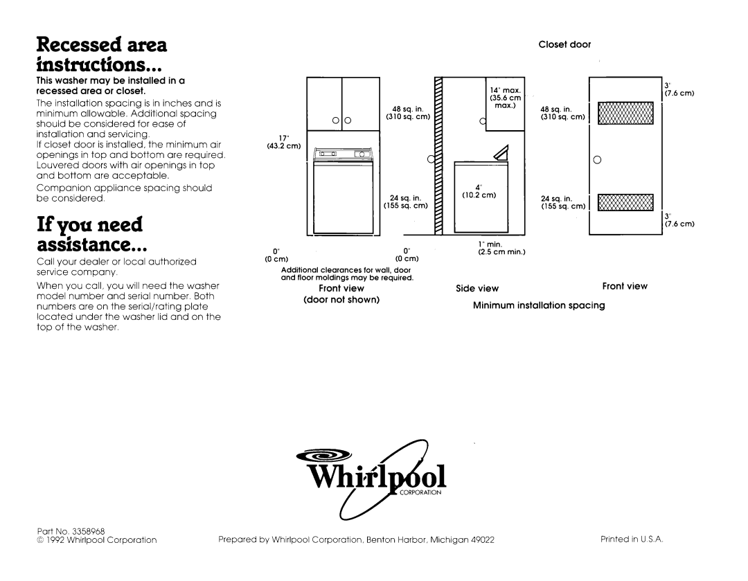 Whirlpool 3358968 installation instructions Recessed area instructions, If you need assistance 