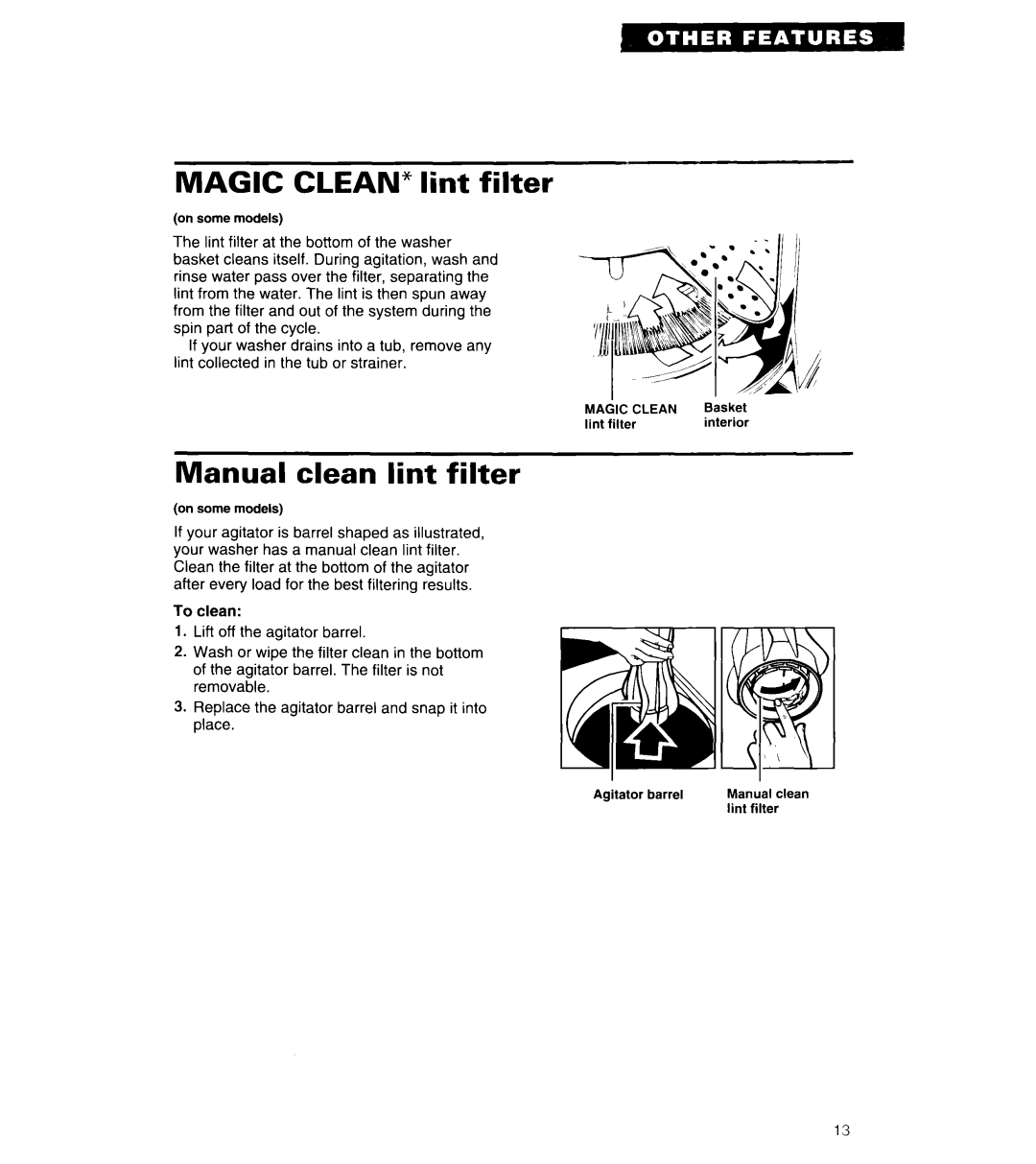 Whirlpool 3360461 warranty Magic CLEAN* lint filter, Manual clean lint filter 