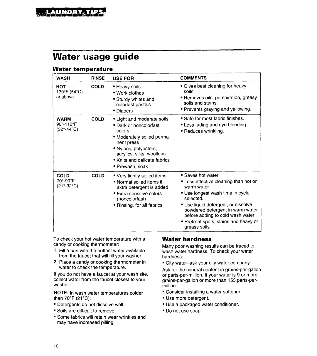 Whirlpool 3360461 warranty Water usage guide, Water Temperature, Water hardness, USE for HOT Cold, Comments 