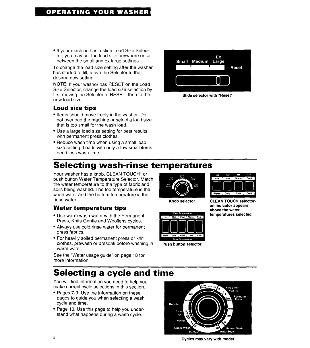 Whirlpool 3360461 Selecting wash-rinse temperatures, Selecting a cycle and time, Load size tips, Water temperature tips 