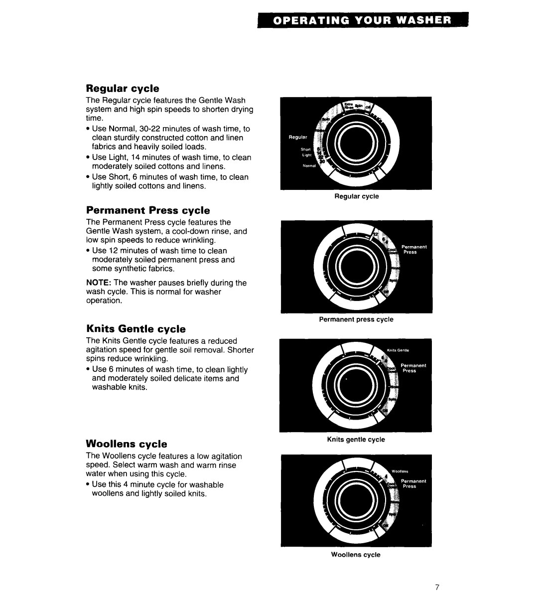 Whirlpool 3360461 warranty Regular cycle, Permanent Press cycle, Knits Gentle cycle, Woollens cycle 