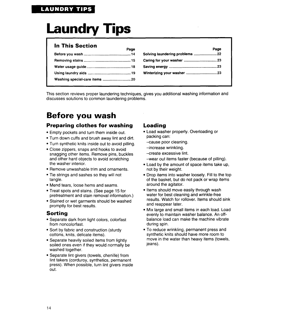 Whirlpool 3360461 warranty Laundry Tips, Before you wash, Preparing clothes for washing, Sorting, Loading, In This, Section 