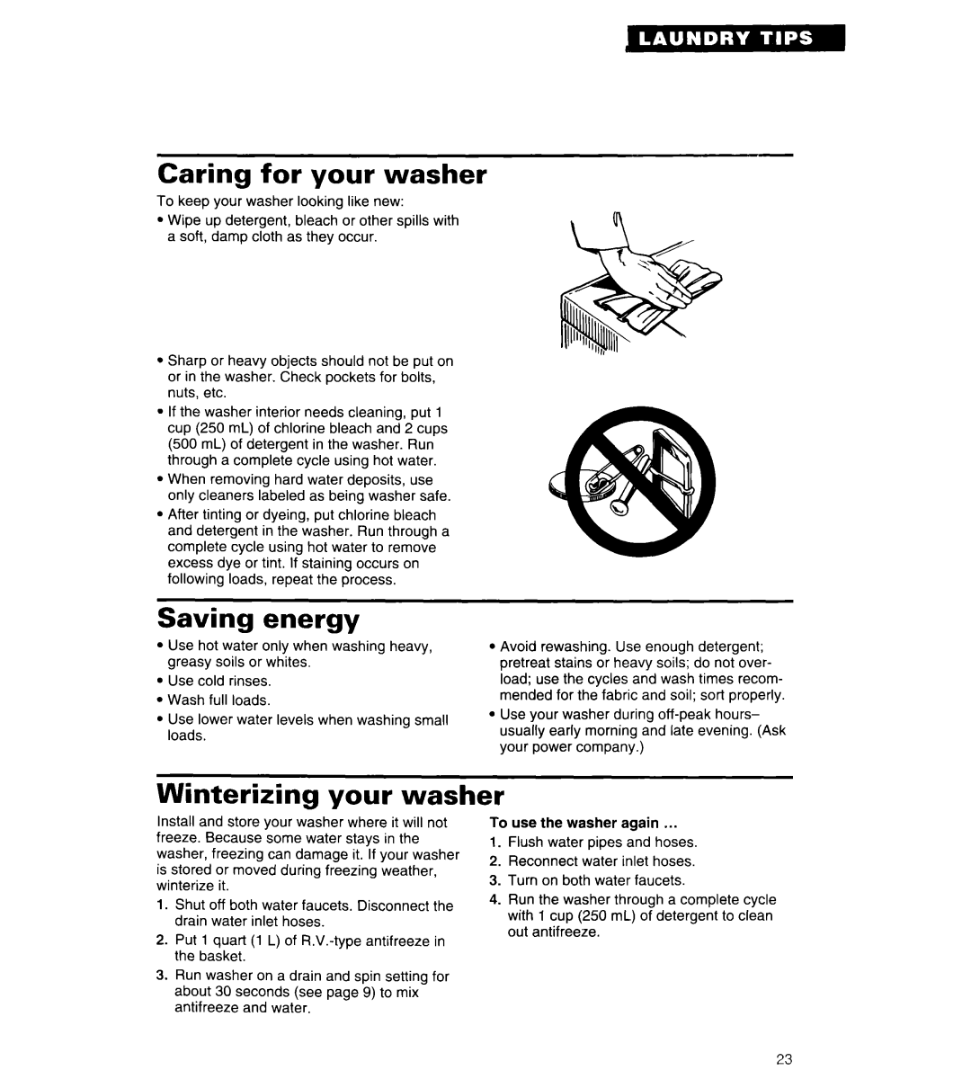Whirlpool 3360461 warranty Caring for your washer, Saving energy, Winterizing your washer 