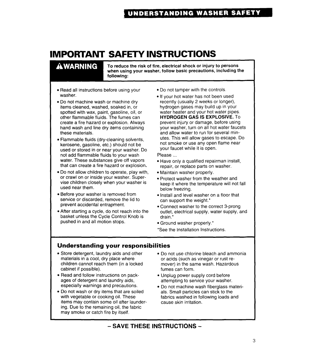 Whirlpool 3360461 warranty Important Safety Instructions, Understanding your responsibilities, Save These Instructions 