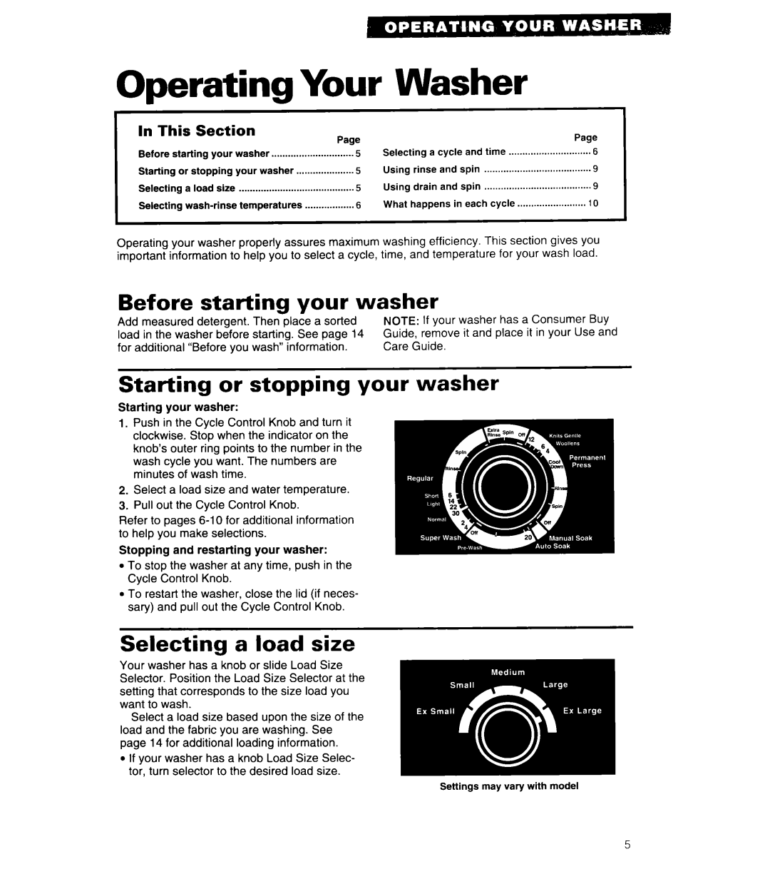 Whirlpool 3360461 Your, Before starting your washer, Starting or stopping your washer, Selecting a load size, In This 