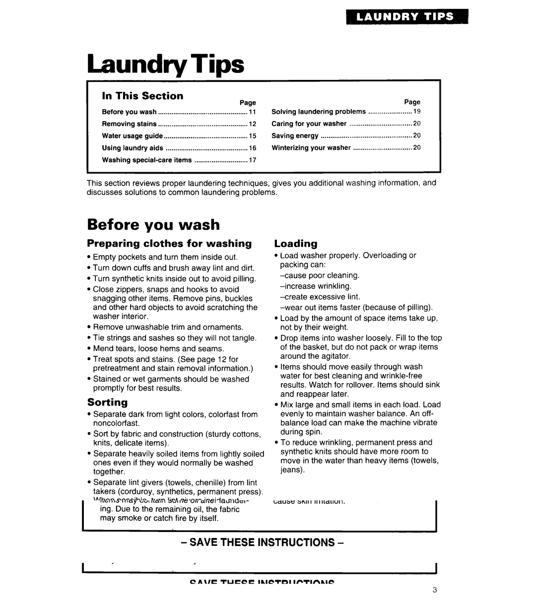 Whirlpool 3360462 warranty Laundry Tips, Before you wash, Preparing clothes for washing, Sorting, Loading 