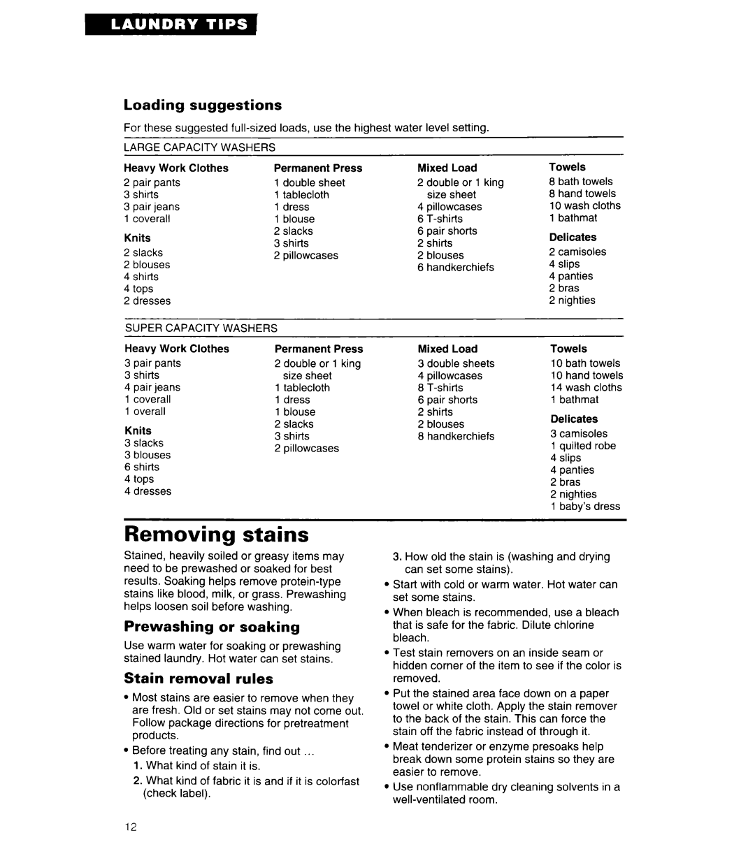 Whirlpool 3360462 warranty Removing stains, Loading suggestions, Prewashing or soaking, Stain removal rules 