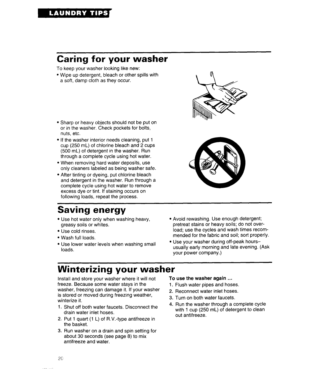 Whirlpool 3360462 warranty Caring for your washer, Saving energy, Winterizing your washer 