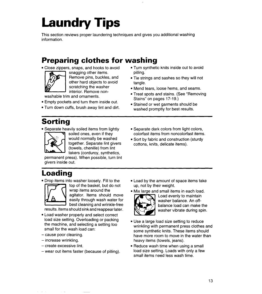 Whirlpool 3360464 warranty Laundry Tips, Preparing clothes for, Washing, Sorting, Loading 