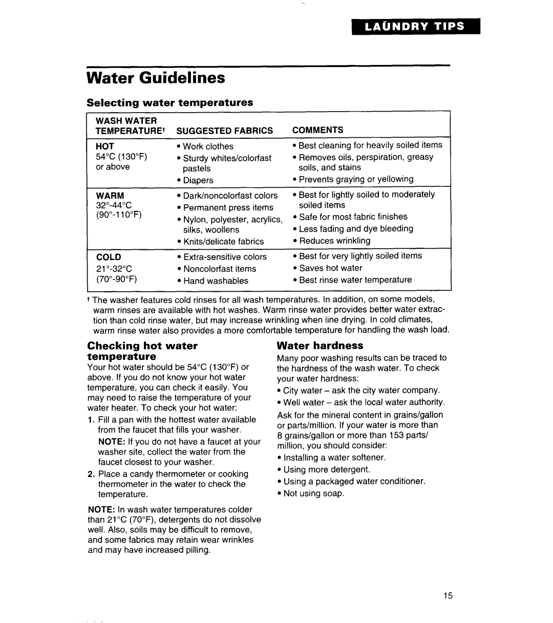 Whirlpool 3360464 warranty Water Guidelines, Selecting Water Temperatures, Checking hot water temperature, Water hardness 