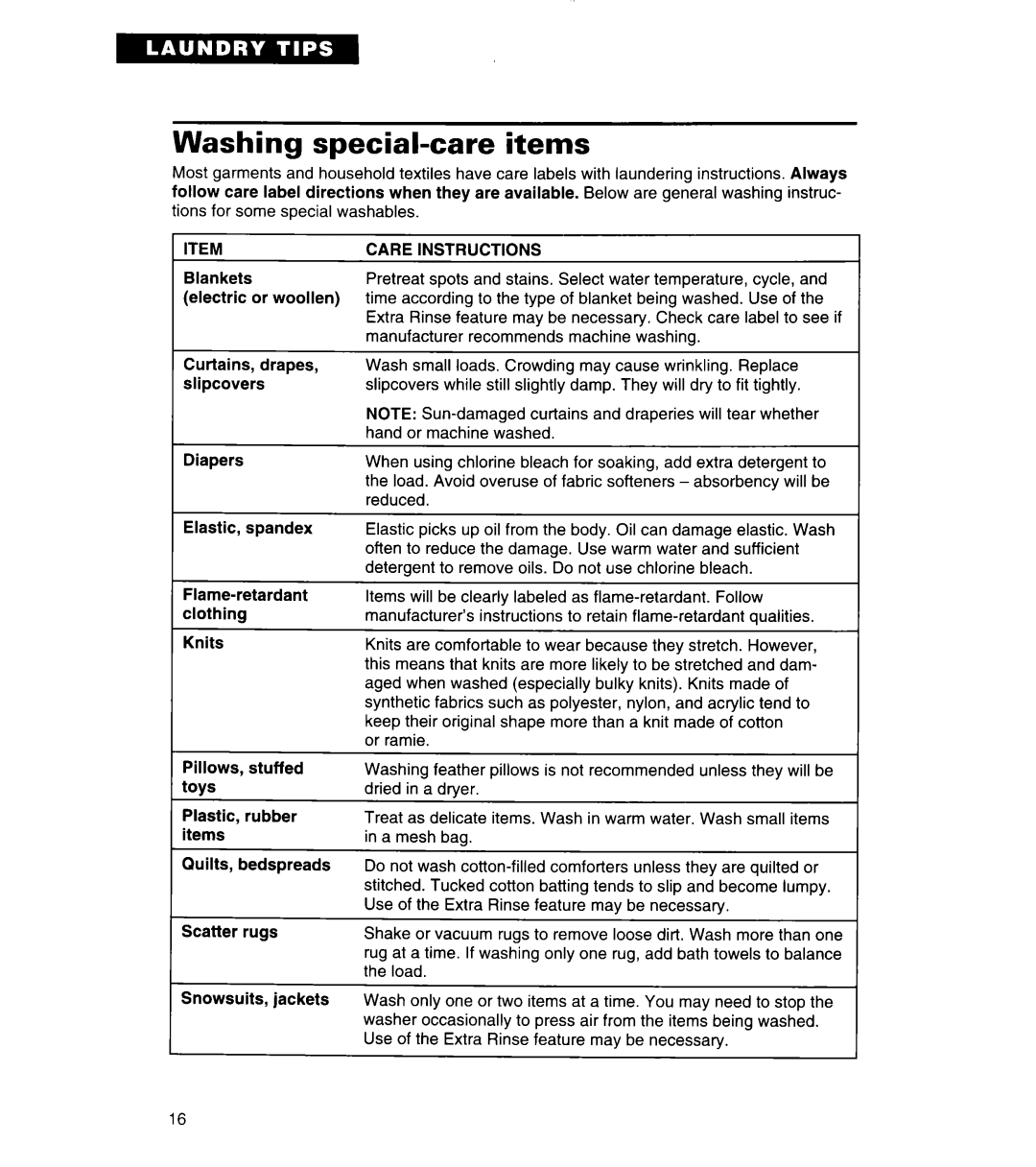 Whirlpool 3360464 warranty Washing special-care items, Care Instructions 