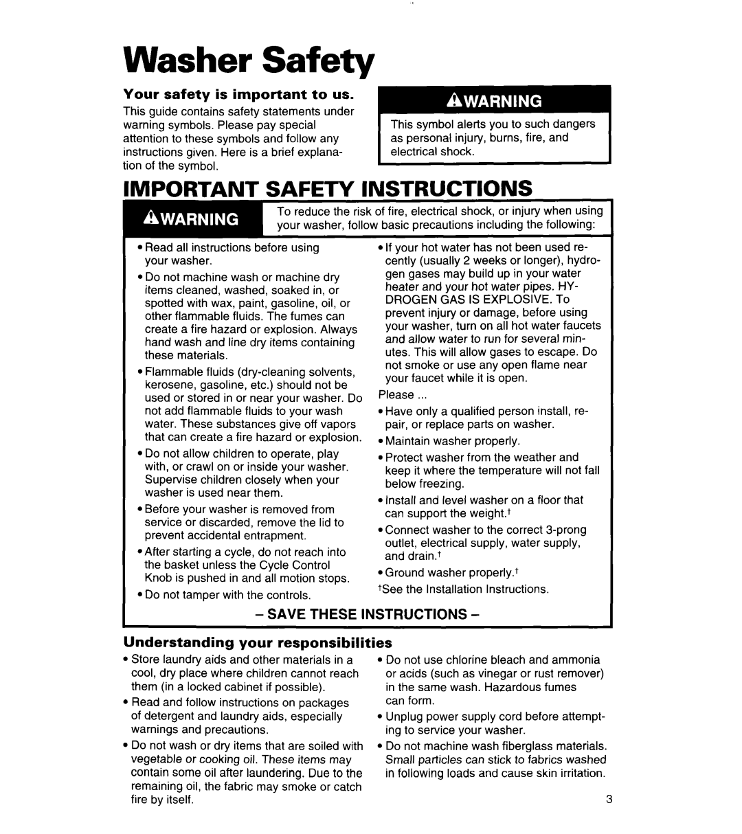 Whirlpool 3360464 warranty Washer Safety, Your safety is important to us, Understanding your responsibilities 