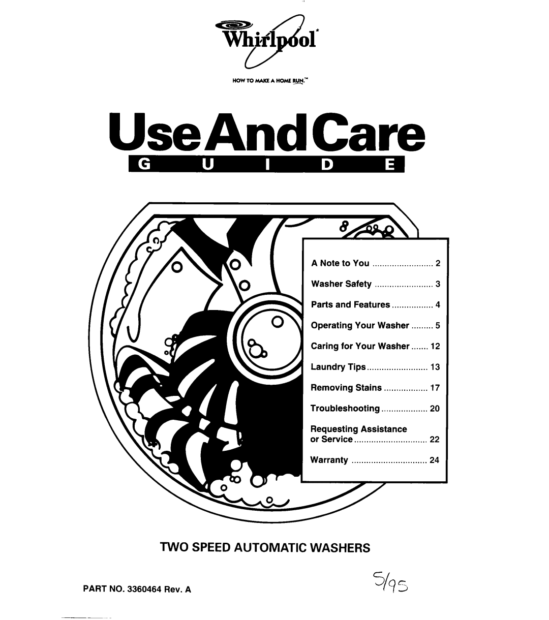 Whirlpool 3360464 warranty UseAndCare, Two Speed Automatic Washers 