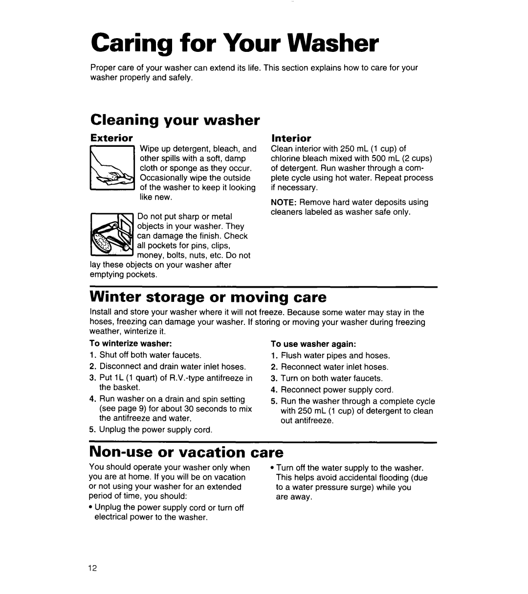 Whirlpool 3360464 Caring for Your Washer, Cleaning your washer, Winter storage or moving care, Non-use or vacation care 