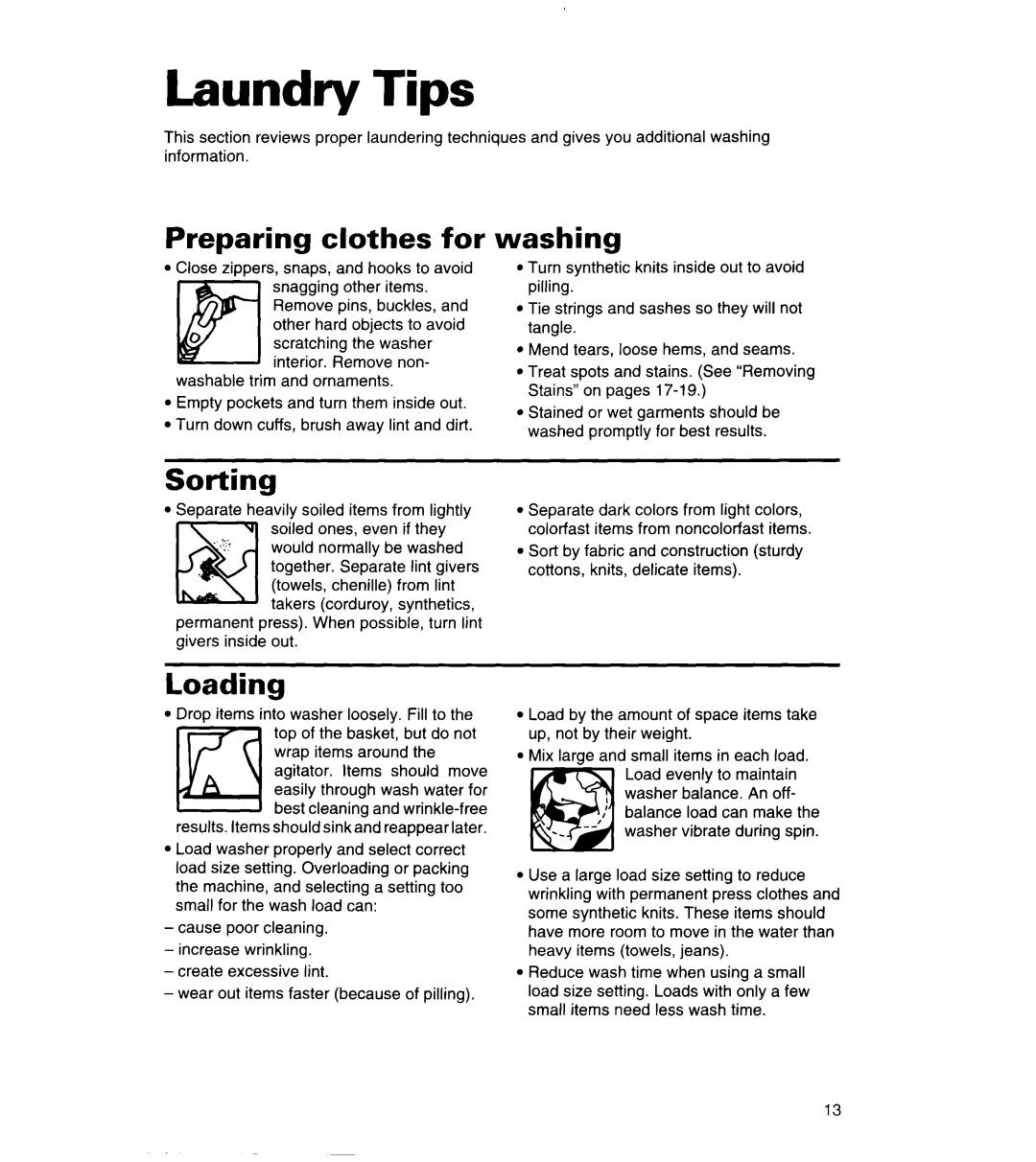 Whirlpool 3360464 warranty Laundry Tips, Preparing clothes for, washing, Sorting, Loading 