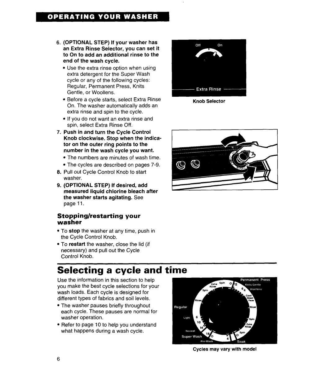 Whirlpool 3360464 warranty Selecting a cycle and time, Stopping/restarting your washer 