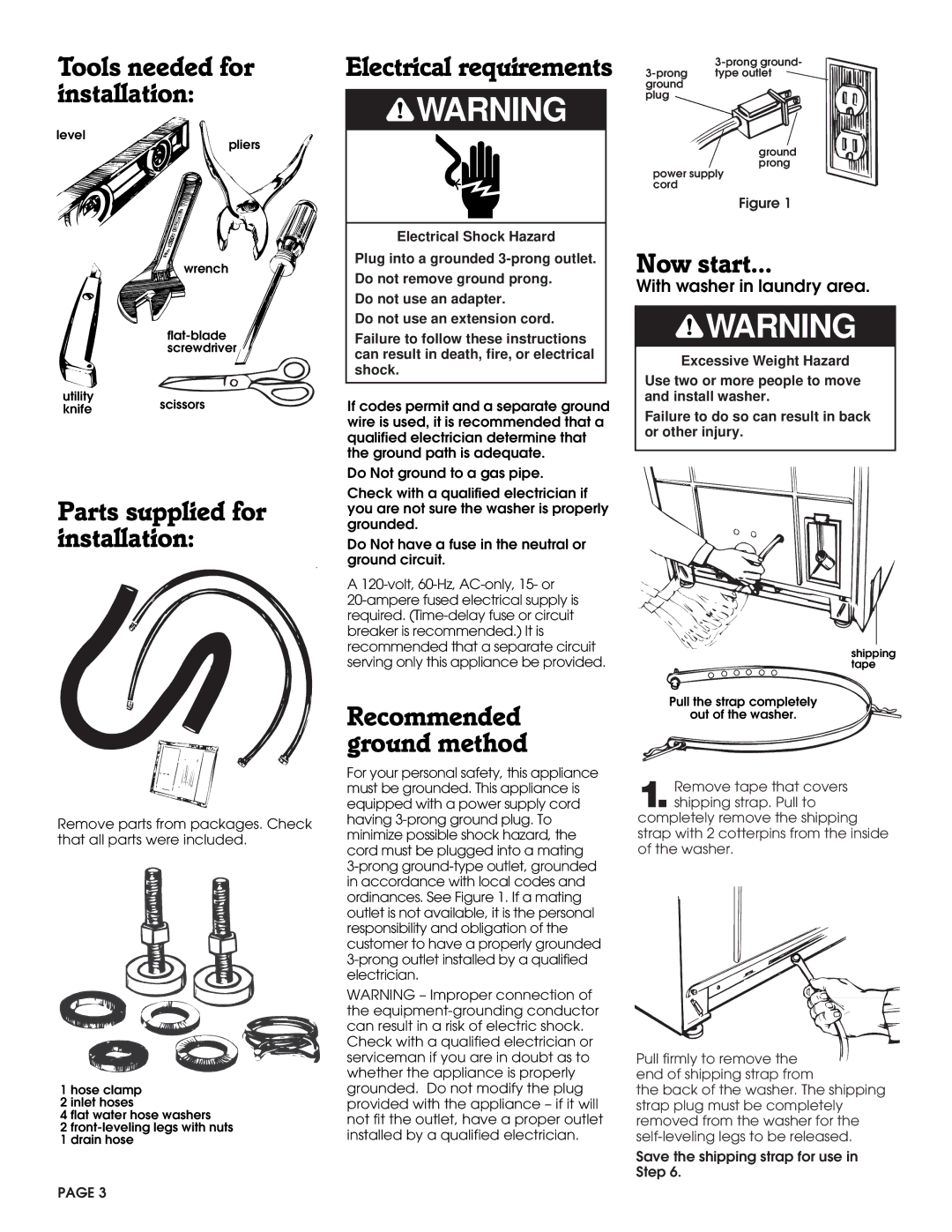 Whirlpool 3360619 Tools needed for installation, Parts supplied for installation, Electrical requirements, Now start 