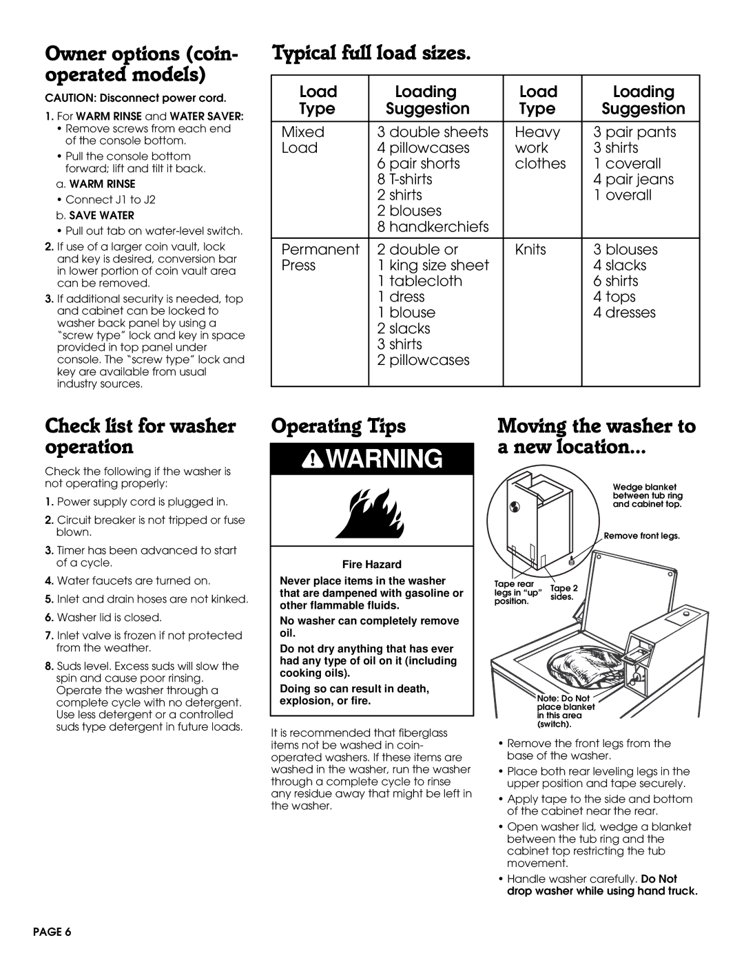 Whirlpool 3360619 Owner options coin- operated models, Typical full load sizes, Check list for washer operation 