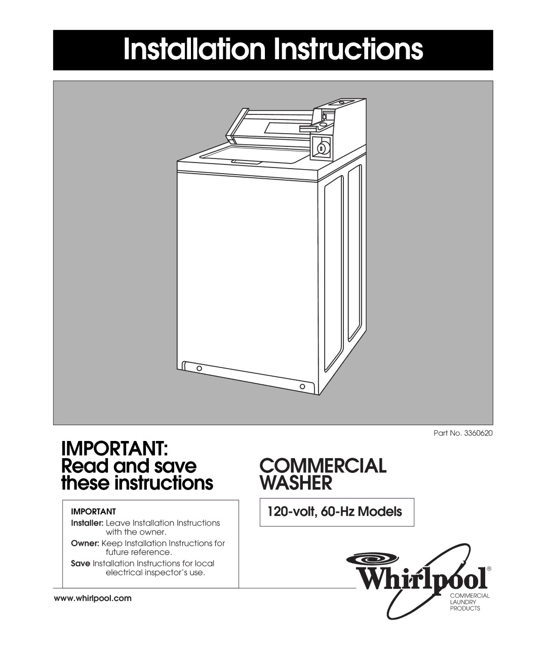 Whirlpool 3360620 installation instructions Installation Instructions 