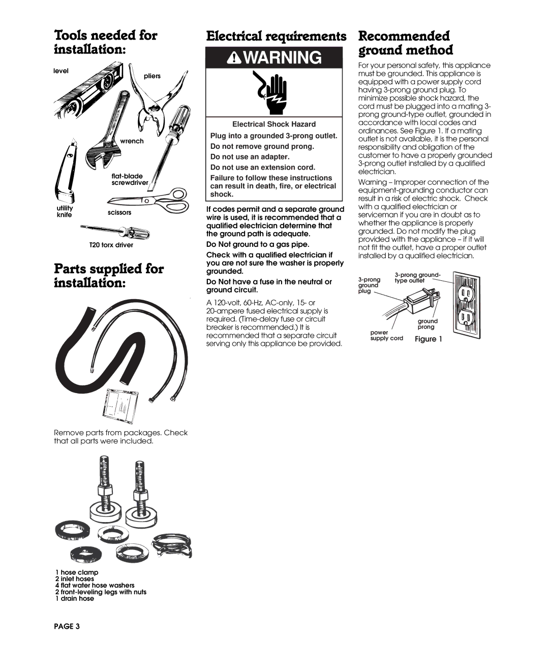 Whirlpool 3360620 Tools needed for installation, Parts supplied for installation, Electrical requirements 