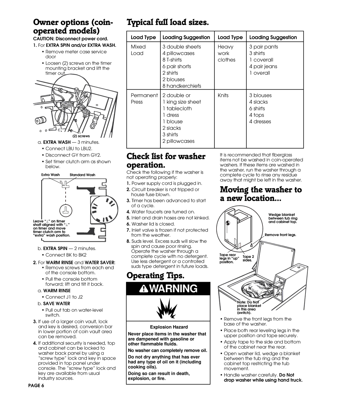 Whirlpool 3360620 Owner options coin- operated models, Typical full load sizes, Check list for washer operation 