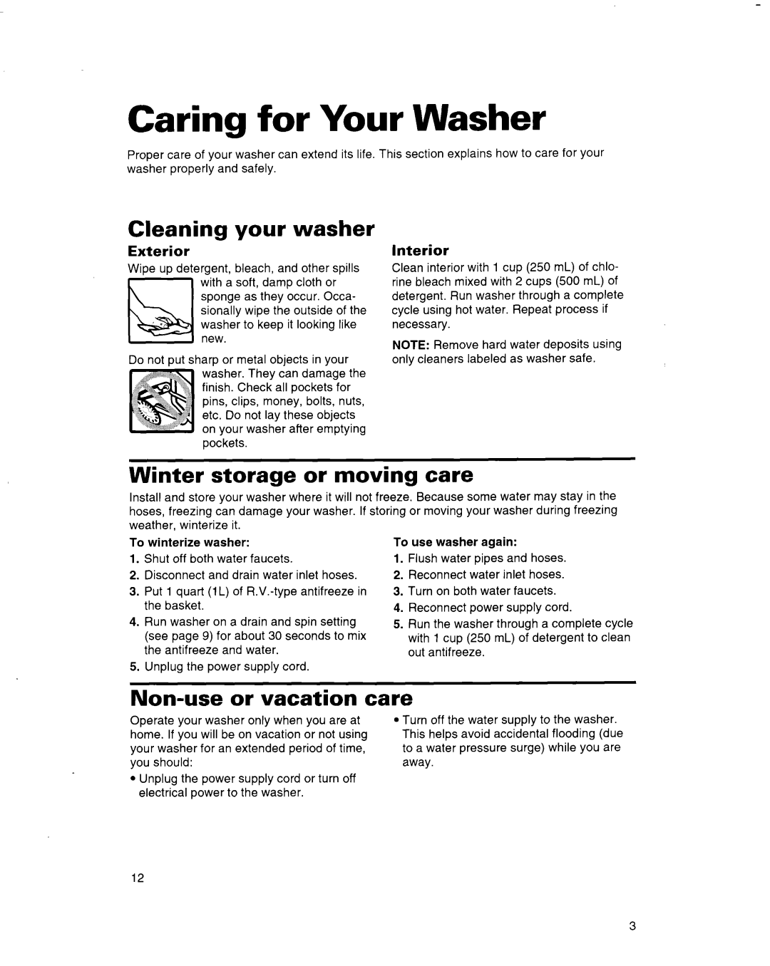 Whirlpool 3363560 Caring for Your Washer, Cleaning your washer, Winter storage or moving care, Non-use or vacation care 