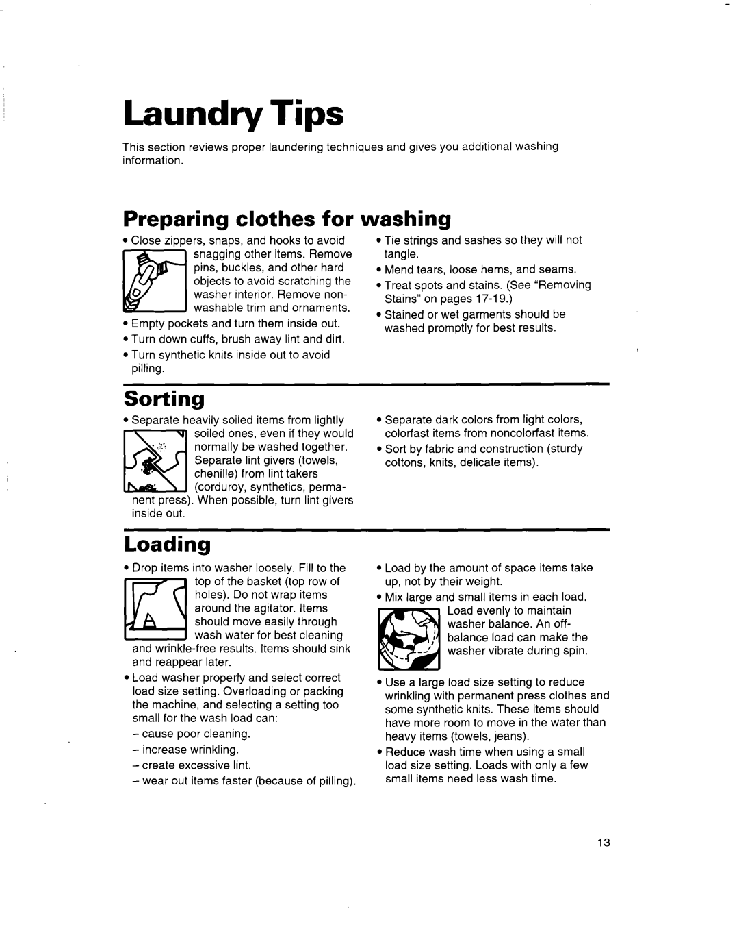 Whirlpool 3363560 warranty Laundry Tips, Preparing clothes for, Washing, Sorting, Loading 