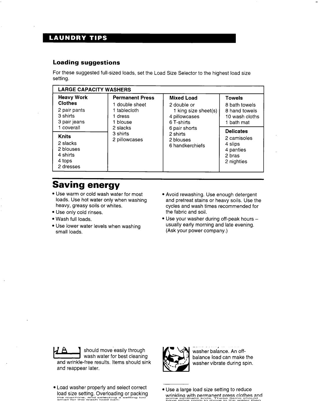 Whirlpool 3363560 warranty Saving energy, Loading suggestions, Capacity Washers 