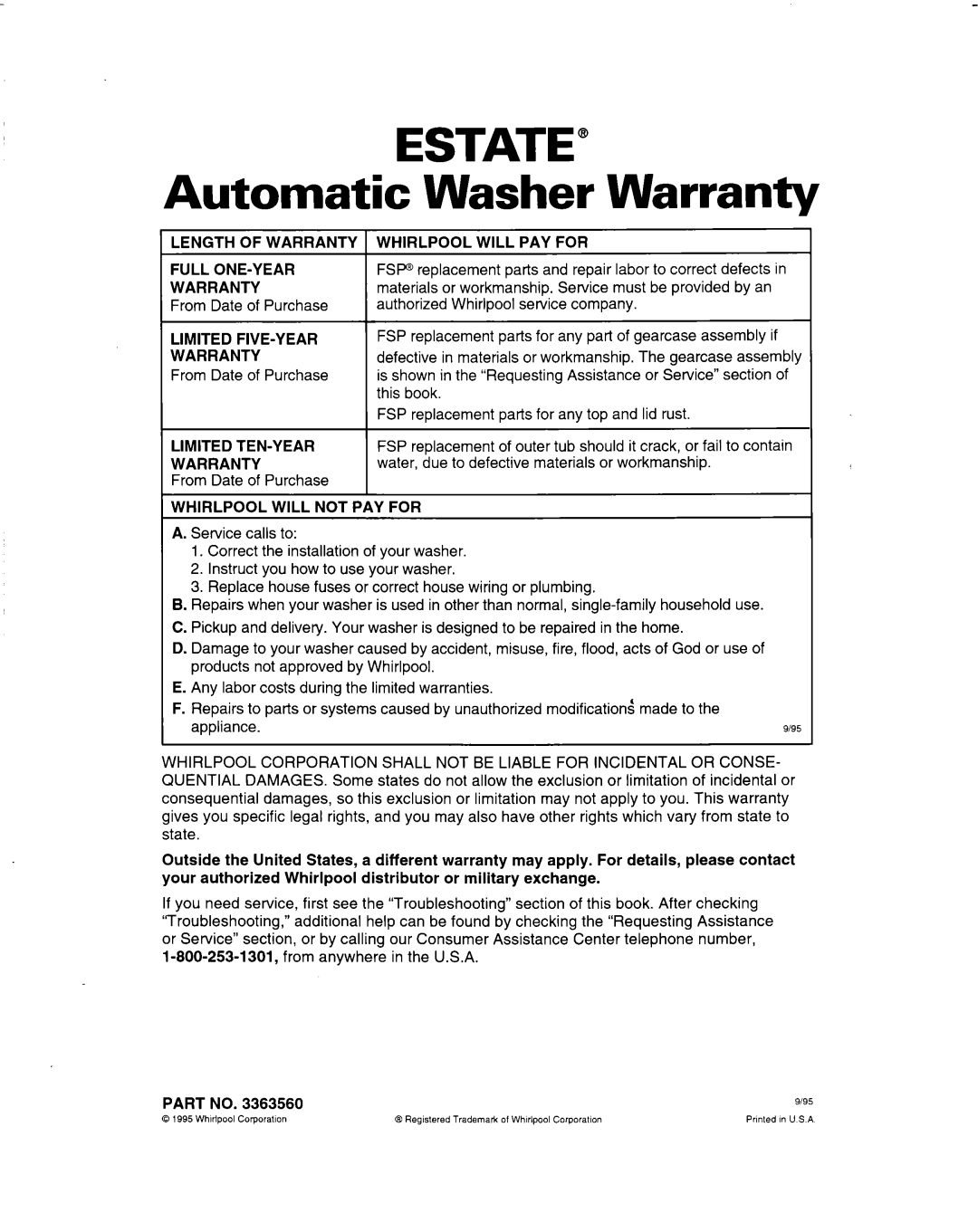 Whirlpool 3363560 warranty Automatic, Washer Warranty 