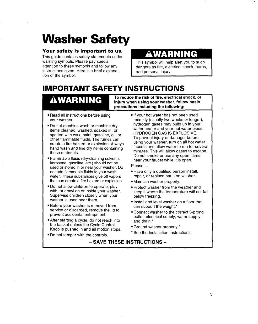 Whirlpool 3363560 warranty Washer Safety, Your safety is important to us 