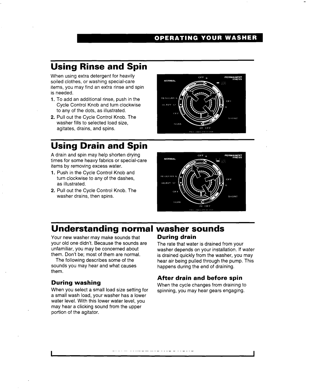 Whirlpool 3363560 warranty Using Rinse and Spin, Using Drain and Spin Understanding normal, Washer sounds 