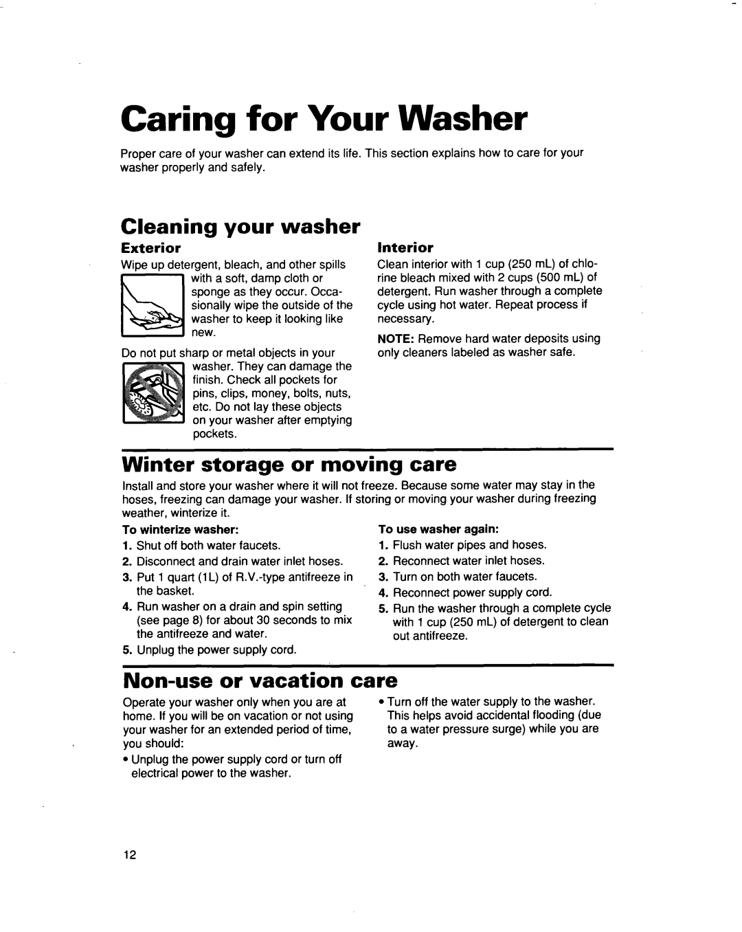 Whirlpool 3363562 Caring for Your Washer, Cleaning your washer, Winter storage or moving care, Non-use or vacation care 