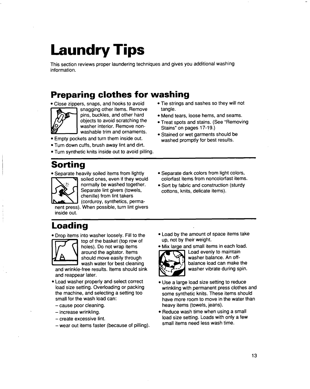 Whirlpool 3363562 warranty Laundry Tips, Preparing clothes for, Washing, Sorting, Loading 