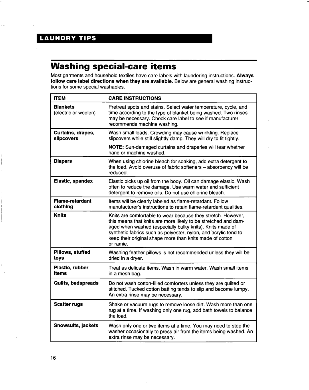 Whirlpool 3363562 warranty Washing special-care items, Blankets, Diapers Elastic, spandex, Care Instructions 