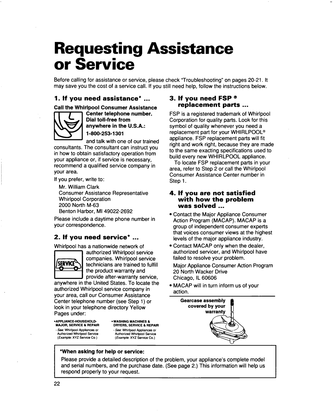 Whirlpool 3363562 warranty Requesting Assistance or Service, If you need assistance, If you need service 