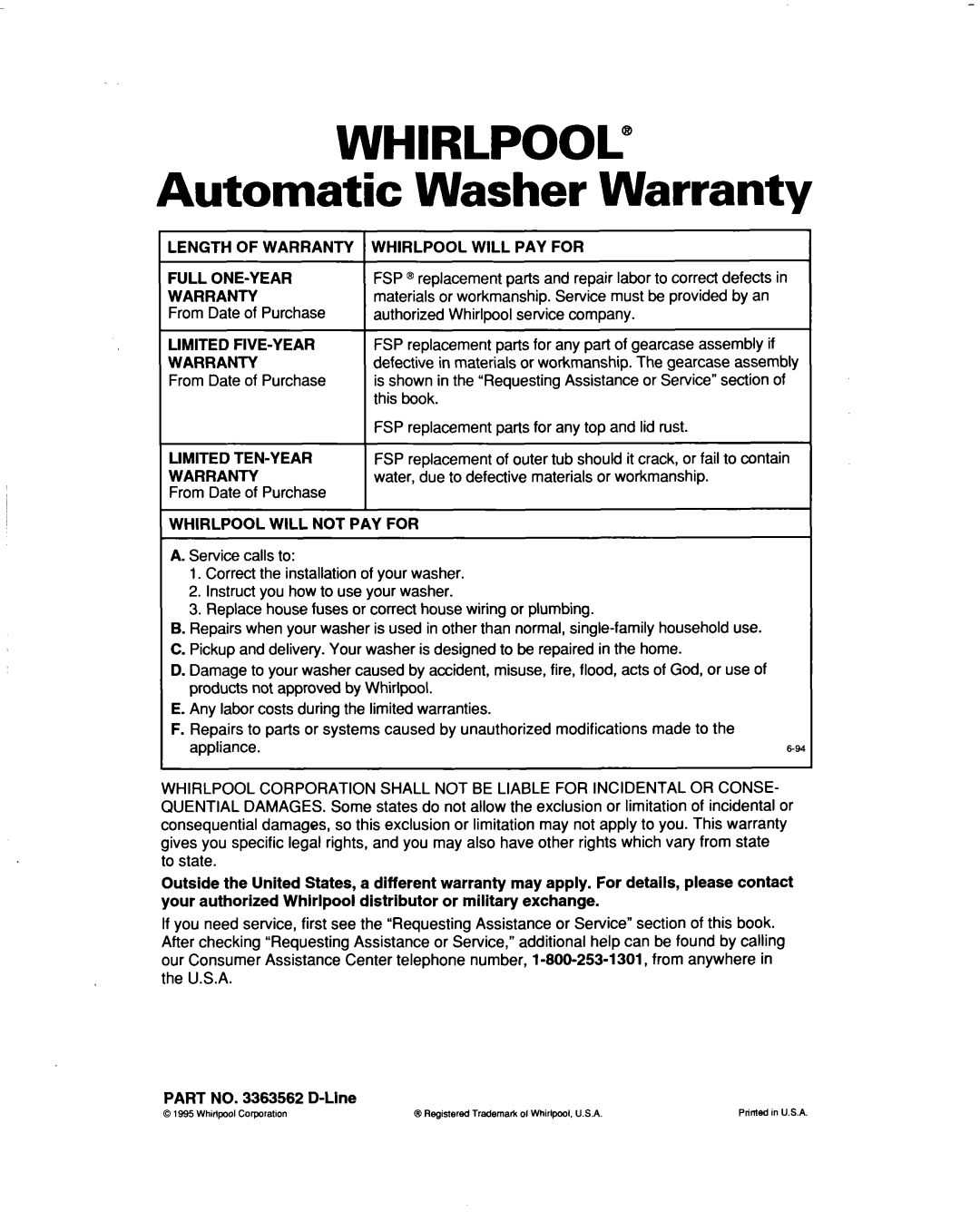 Whirlpool 3363562 Automatic Washer Warranty, Ength of Warranty Whirlpool will PAY for ‘ULL ONE-YEAR, Limited FIVE-YEAR 