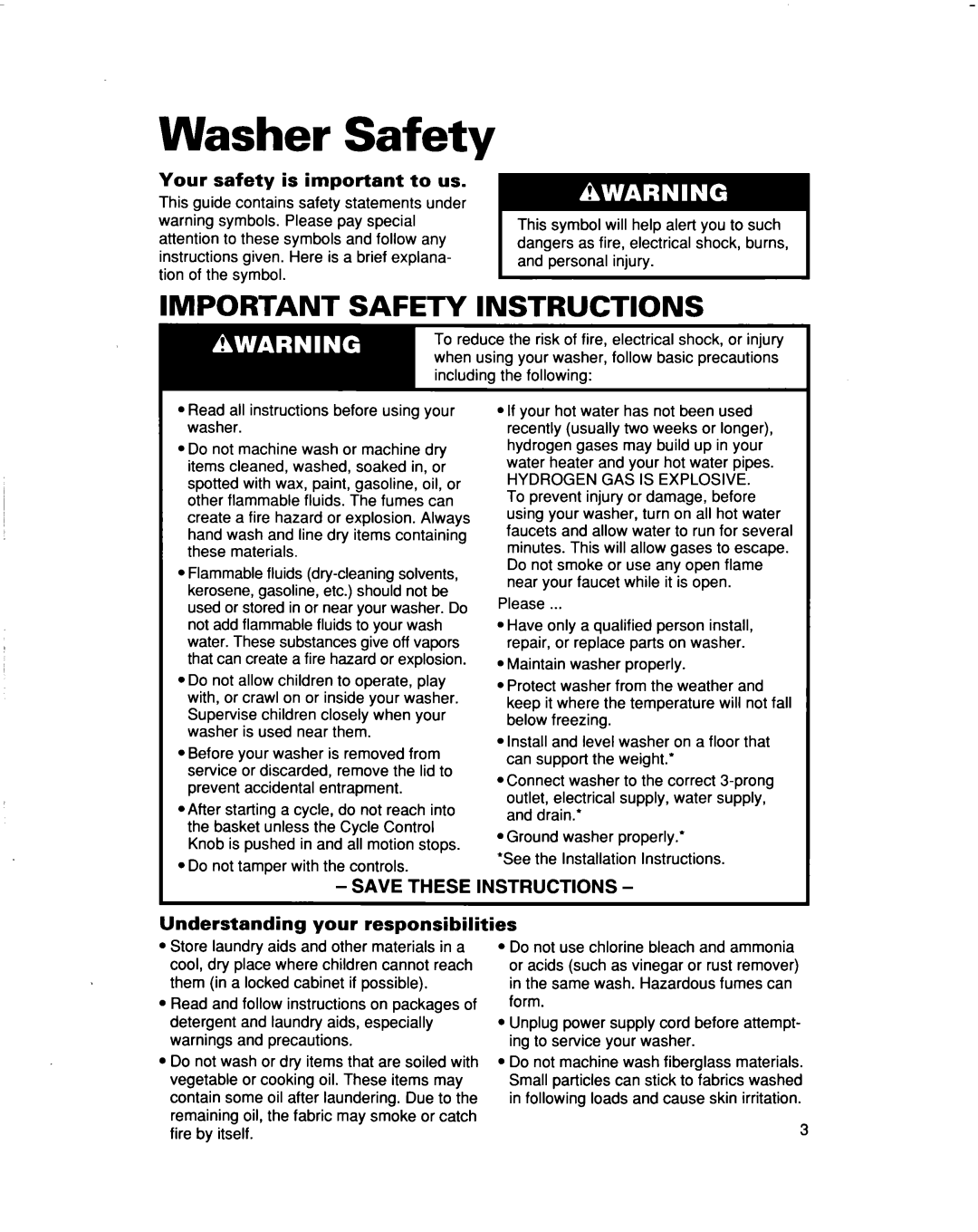 Whirlpool 3363562 warranty Washer Safety, Your safety is important to us, Understanding your responsibilities 