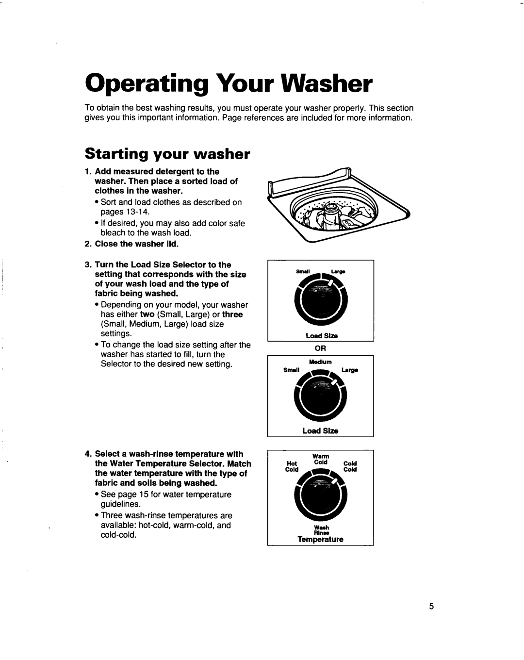 Whirlpool 3363562 warranty Operating Your Washer, Starting your washer, Load Size, Temperature 