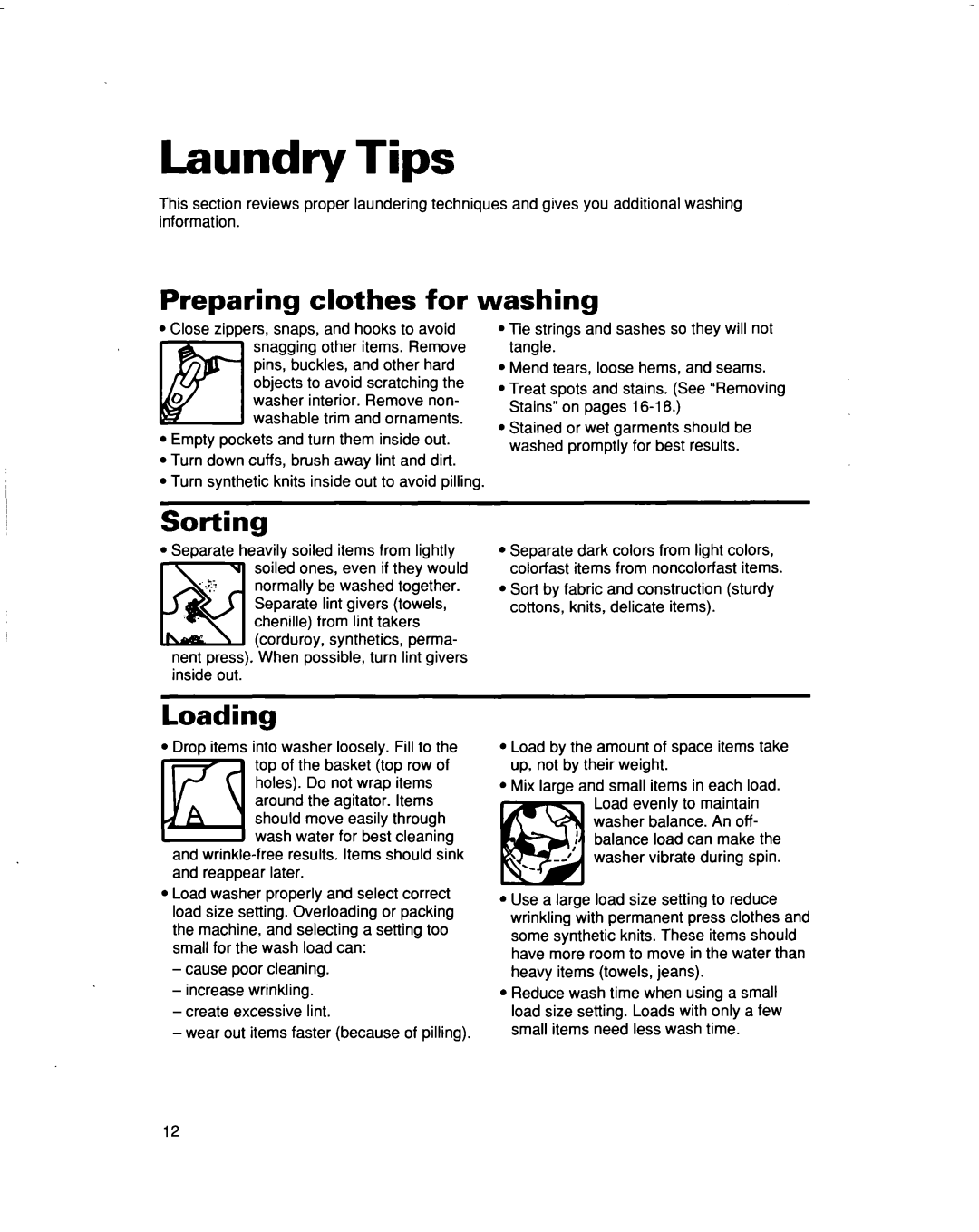 Whirlpool 3363565 warranty Laundry Tips, Preparing clothes for washing, Sorting, Loading 