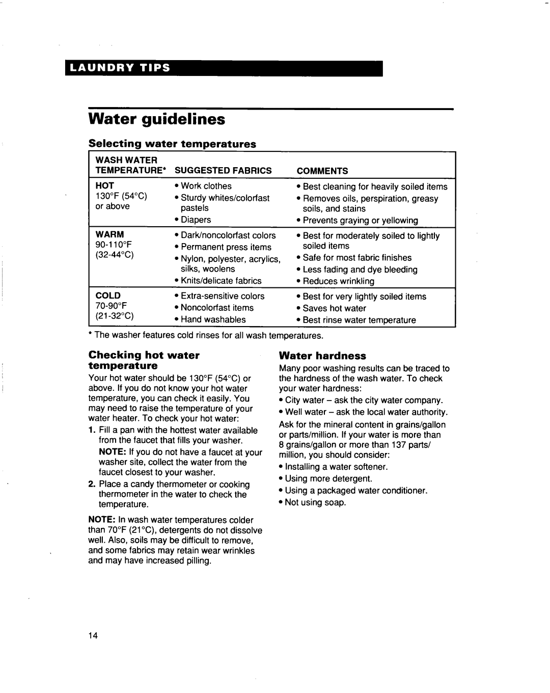 Whirlpool 3363565 warranty Selecting Water Temperatures, Checking hot water temperature, Water hardness 