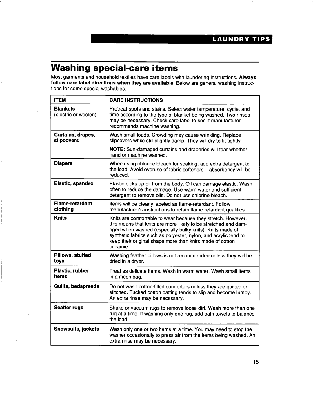 Whirlpool 3363565 warranty Washing special-care items, Care Instructions 