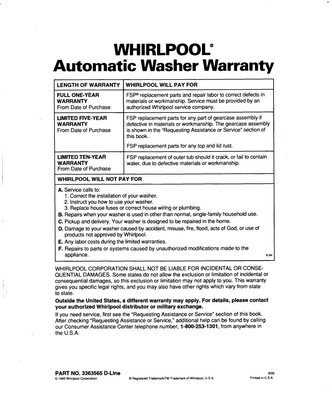 Whirlpool 3363565 warranty Automatic Washer Warranty 