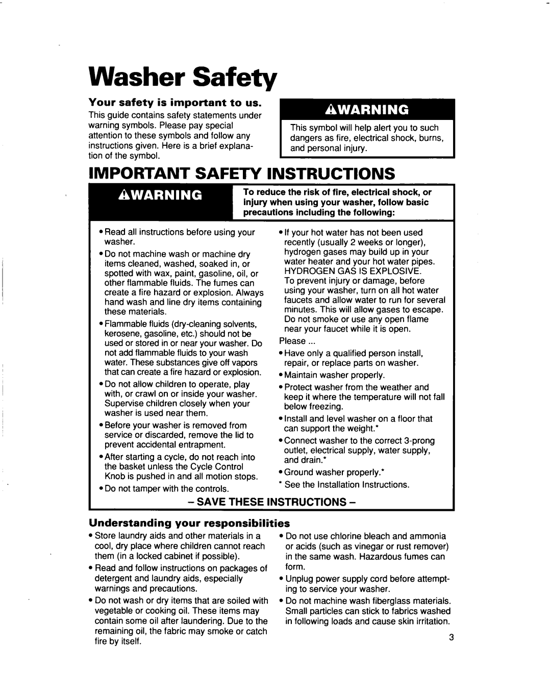 Whirlpool 3363565 warranty Washer Safety, Your safety is important to us, Understanding your responsibilities 