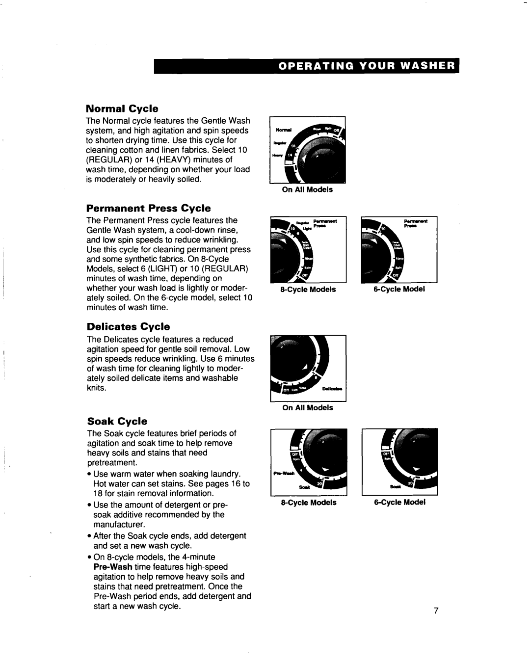 Whirlpool 3363565 warranty Normal Cycle, Permanent Press Cycle, Delicates Cycle, Soak Cycle 